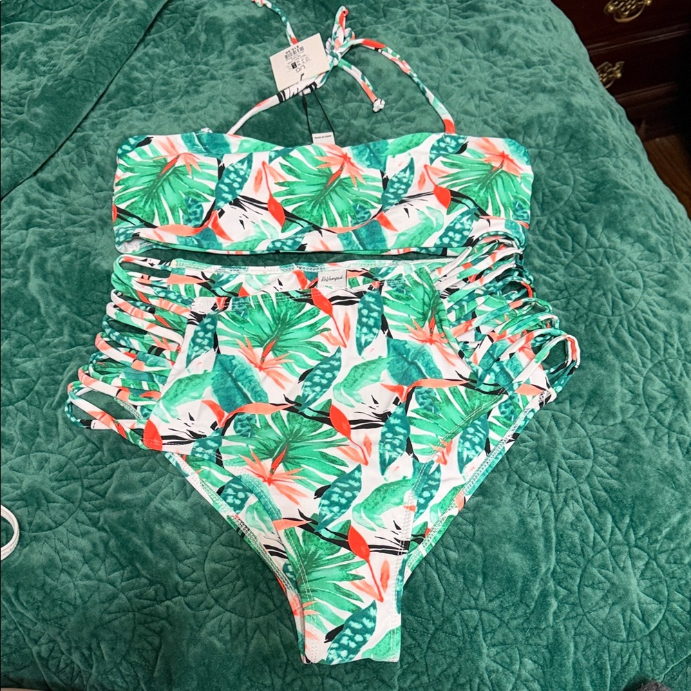 Revamped Green and Coral Tropical Leaf One-Piece Bikini